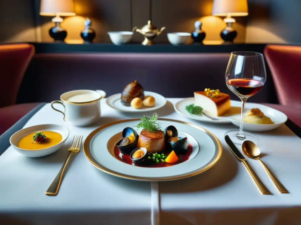 Un banquete exquisito en un restaurante francés estrella Michelin, con platos clásicos y elegancia refinada