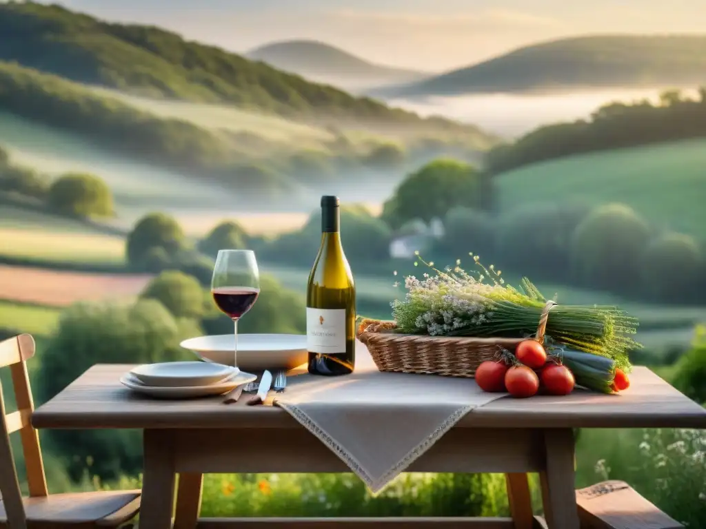 Escena campestre francesa: comida tradicional en mesa rústica Un banquete francés en el campo: arte de comer despacio Francia