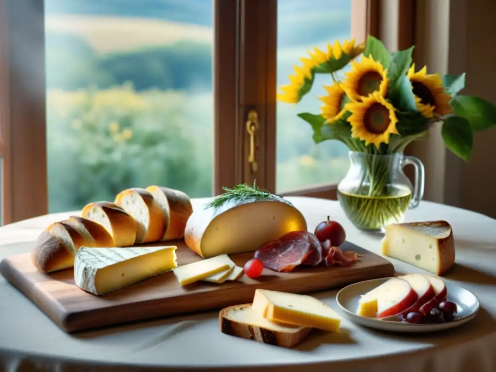 Un banquete francés elegante en una mesa rústica con baguette, quesos, embutidos, vino y girasoles en jarrón