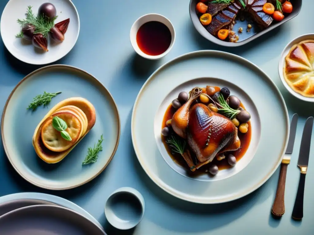 Un banquete francés exquisitamente presentado en una mesa elegante