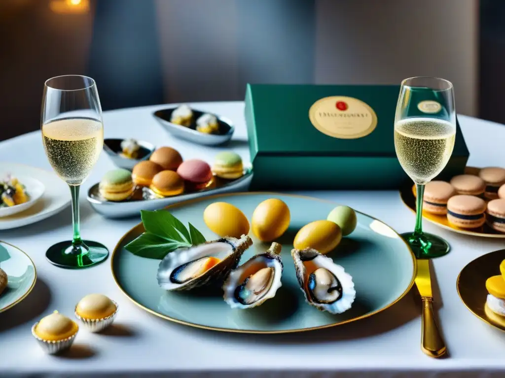 Un banquete lujoso con champagne, ostras, caviar y foie gras