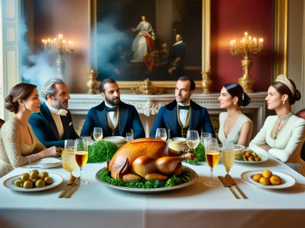 Un banquete lujoso y diverso durante la Revolución francesa, simbolizando la democratización de la cocina francesa