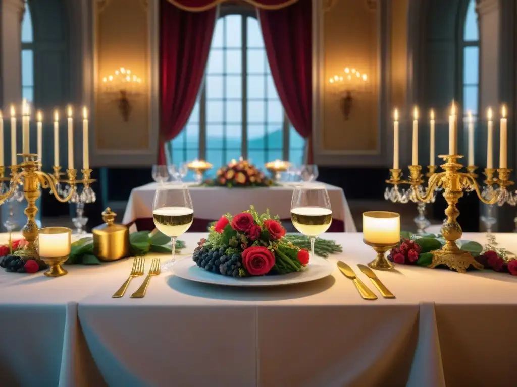 Un banquete lujoso durante la Revolución Francesa: mesa opulenta, vajilla fina, cocina decadente, invitados elegantes