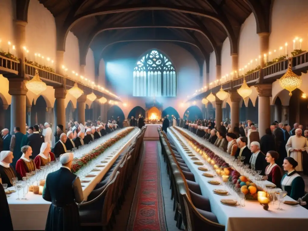 Un banquete medieval francés en un fastuoso salón con tapices, candelabros y manjares