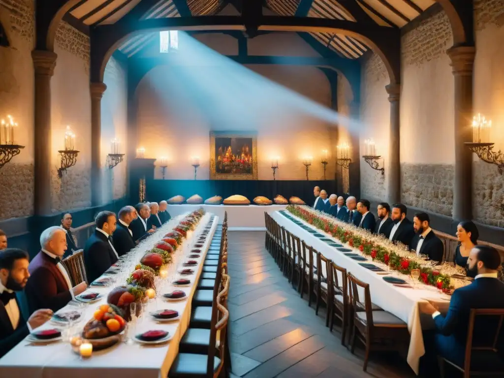 Un banquete medieval opulento en un gran salón iluminado por antorchas