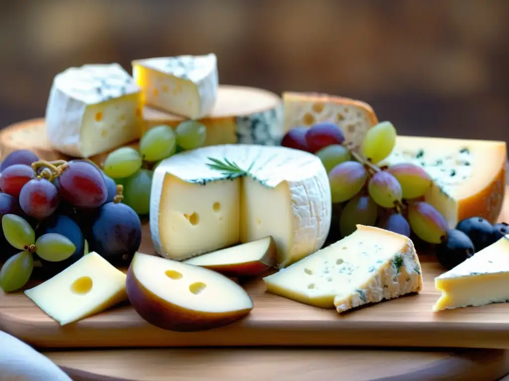 Un banquete de quesos franceses como Brie, Camembert y Roquefort sobre tabla de madera, acompañados de uvas y vino blanco francés maridaje platillo