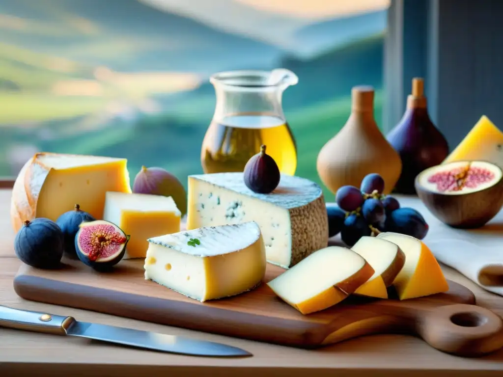 Un banquete de quesos franceses salud longevidad en una tabla rústica, acompañados de higos, uvas y nueces, en una cocina campestre francesa