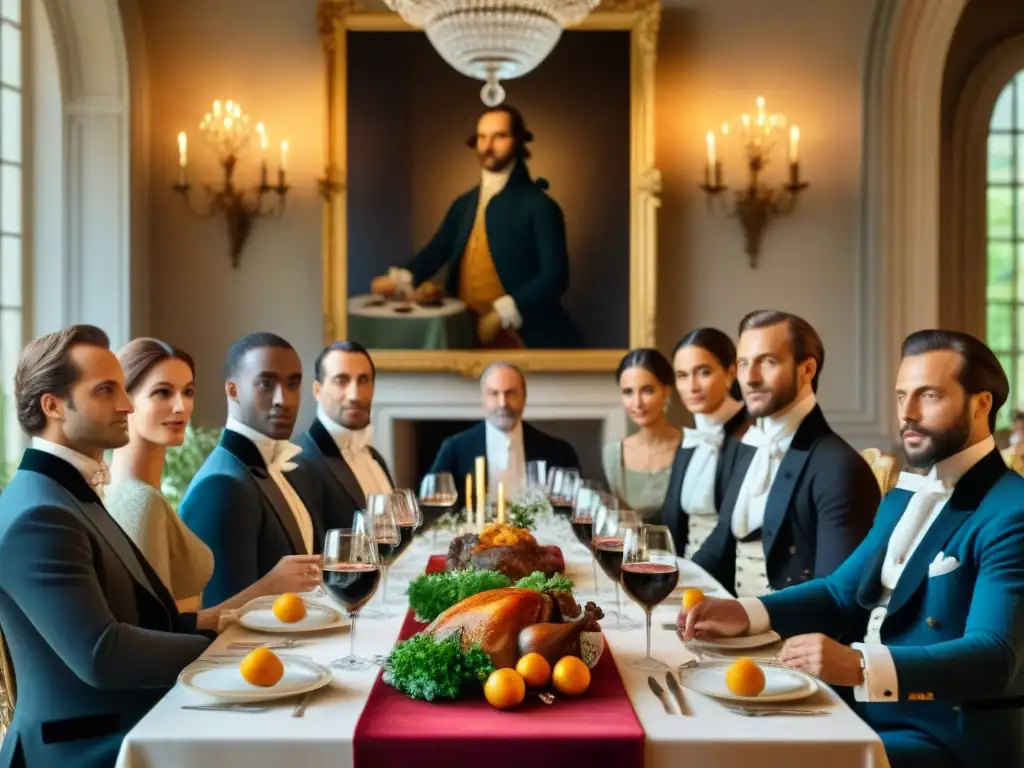 Banquete revolucionario en chateau francés con exquisita gastronomía francesa, candelabros y brindis