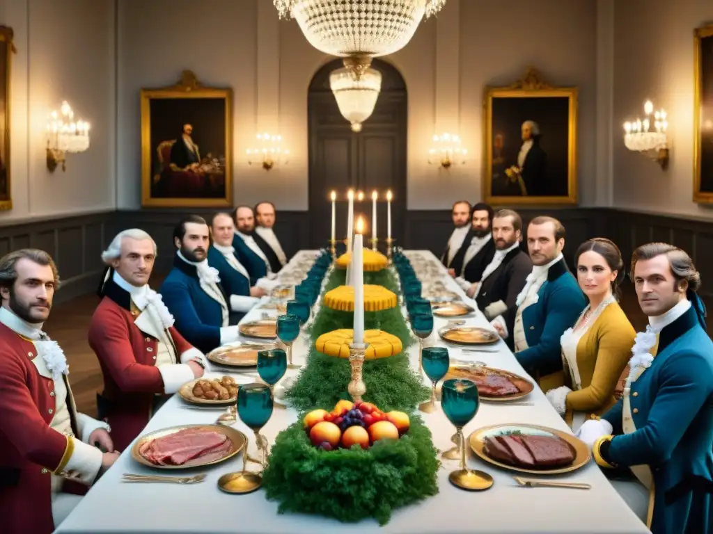 Banquete revolucionario de la gastronomía francesa durante la era de la Revolución, con decoración y elegantes invitados