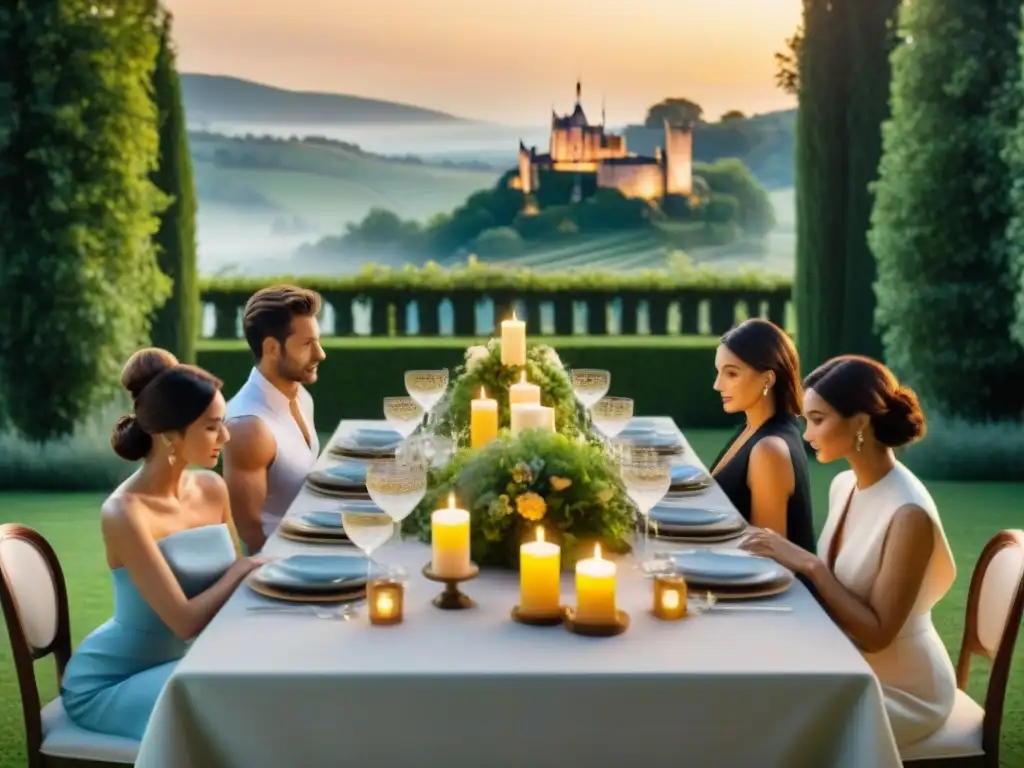 Un banquete secreto en un encantador château francés: elegante mesa, velas, flores y conversaciones animadas al atardecer