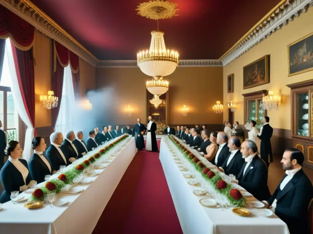 Banquete del Siglo XIX en Francia con decoraciones opulentas, fina vajilla y aristócratas disfrutando de un festín extravagante