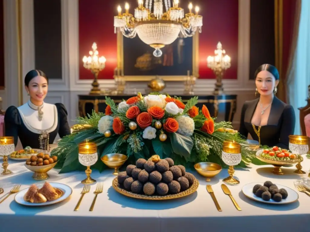 Banquete del Siglo XIX en Francia: mesa lujosa con trufas, foie gras y caviar, invitados elegantes y centros florales