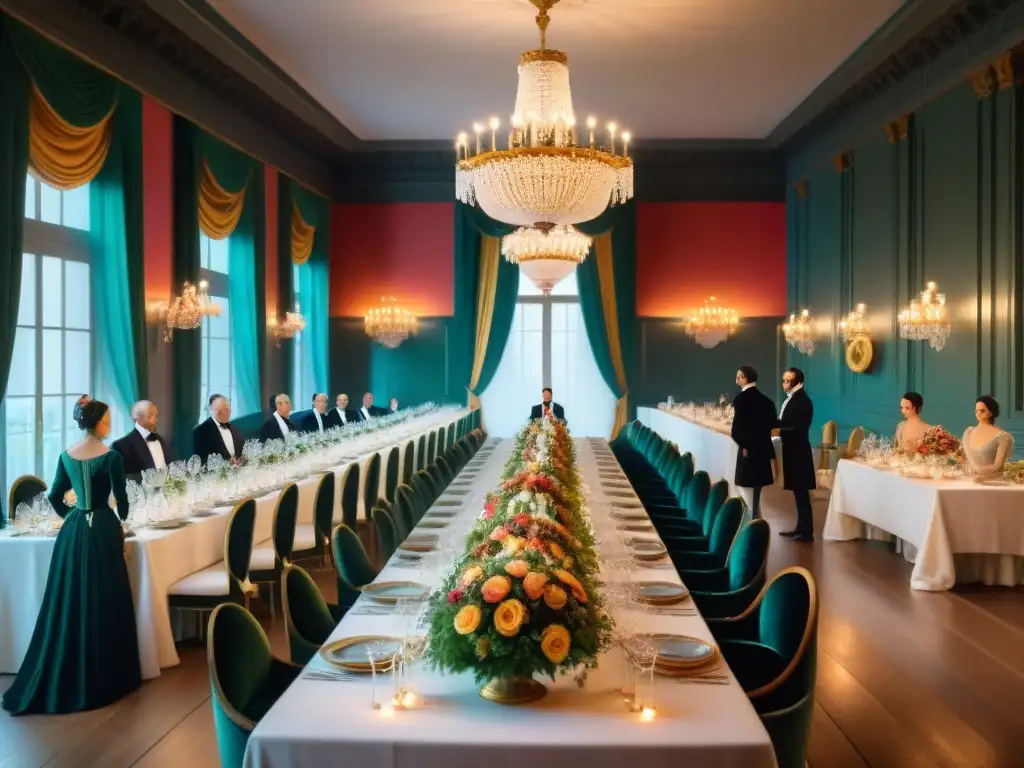 Banquete suntuoso del Siglo XIX en Francia con elegantes detalles de la época y opulencia