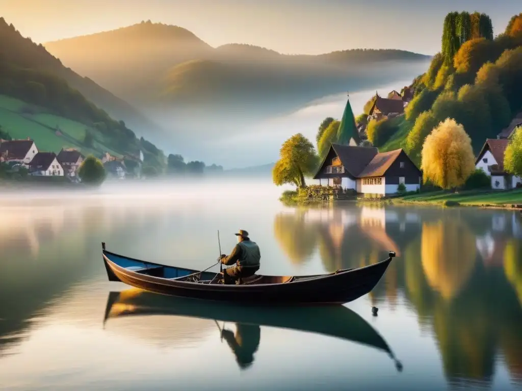 Barca de pesca tradicional alsaciana navegando en lago al amanecer, influencia pesca cocina Alsacia