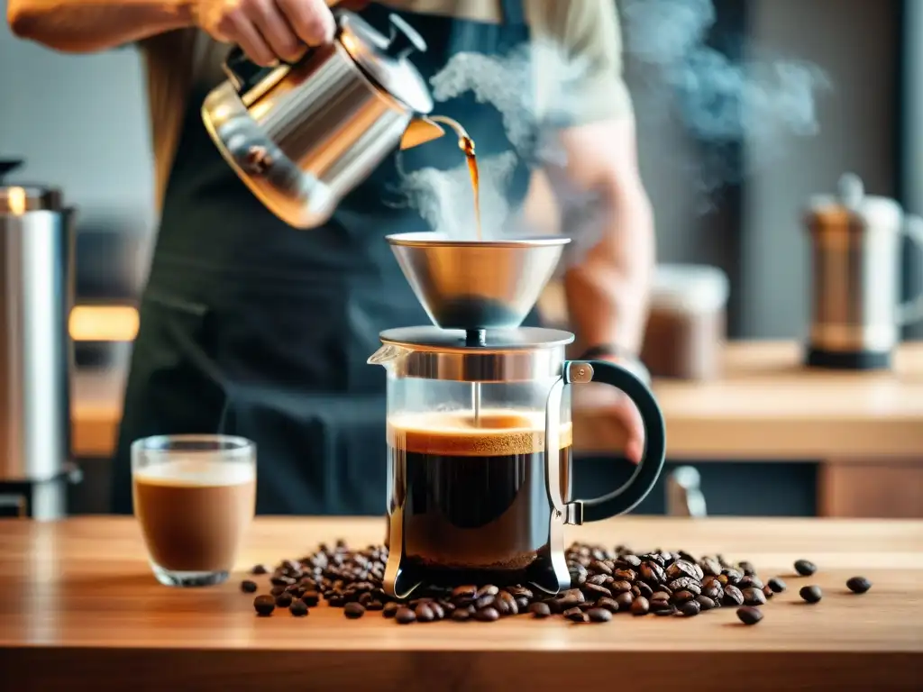 Un barista vierte agua caliente sobre granos de café en una cafetera estilo francés, creando café gourmet