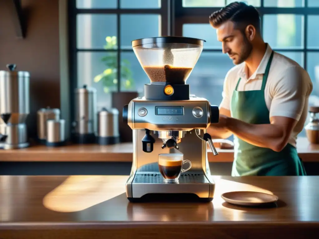 Un barista experto muele café en un molinillo de café francés auténtico en un acogedor café parisino