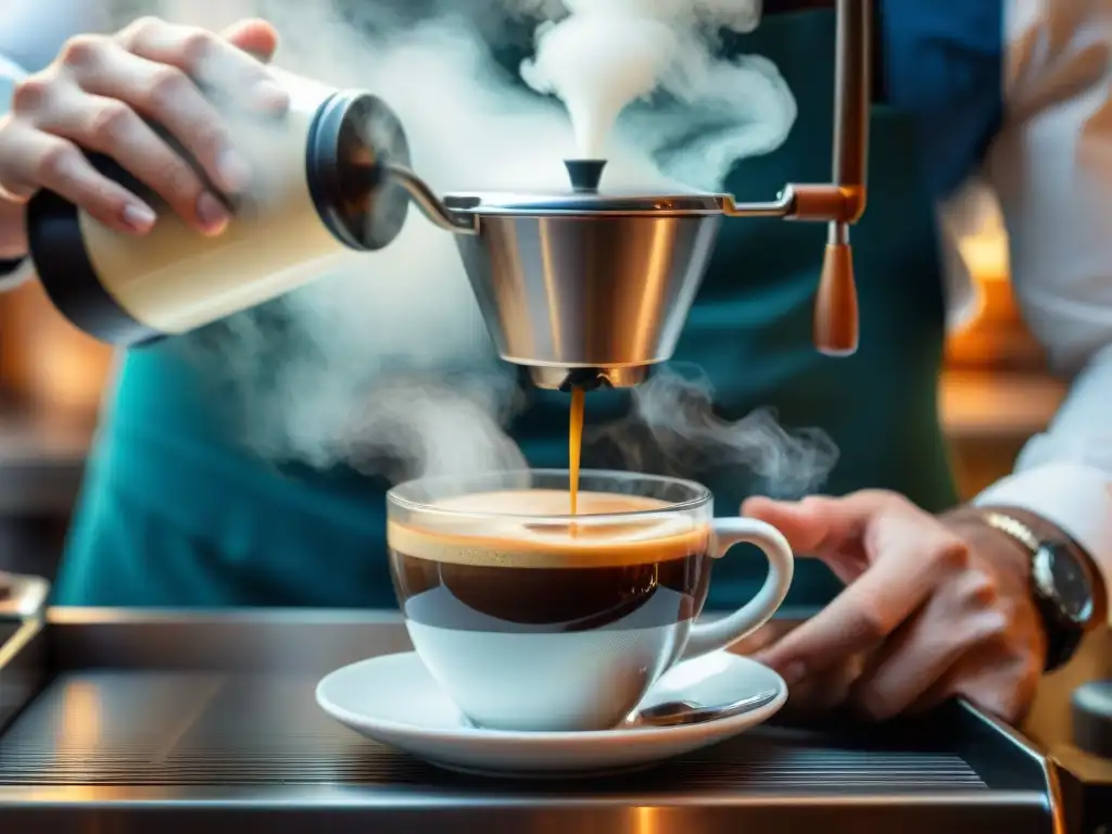 Un barista italiano experto preparando un espresso perfecto, con influencia francesa