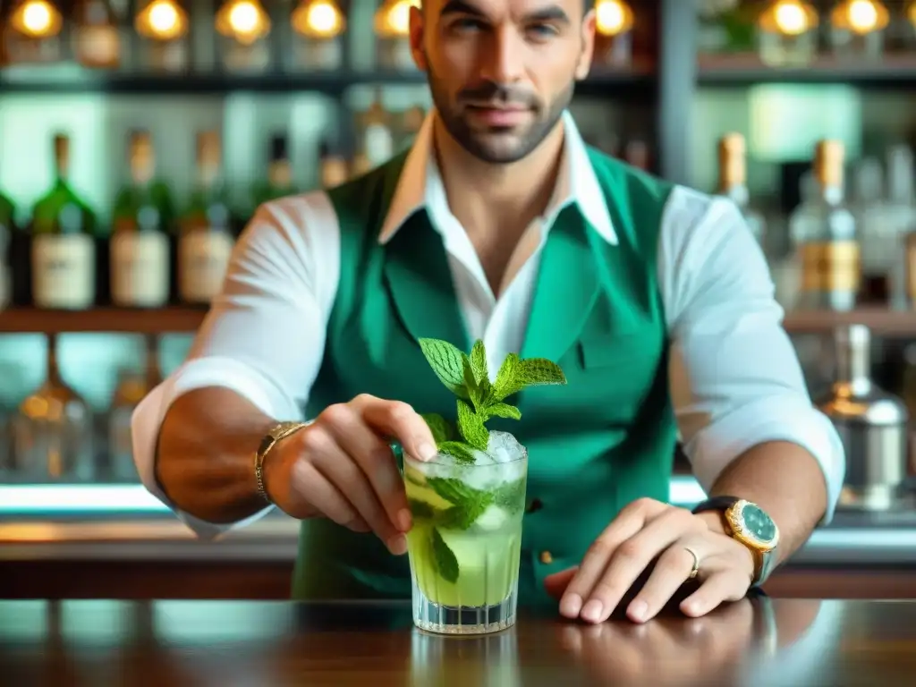 Un barman francés experto elabora un mojito en un elegante bar parisino