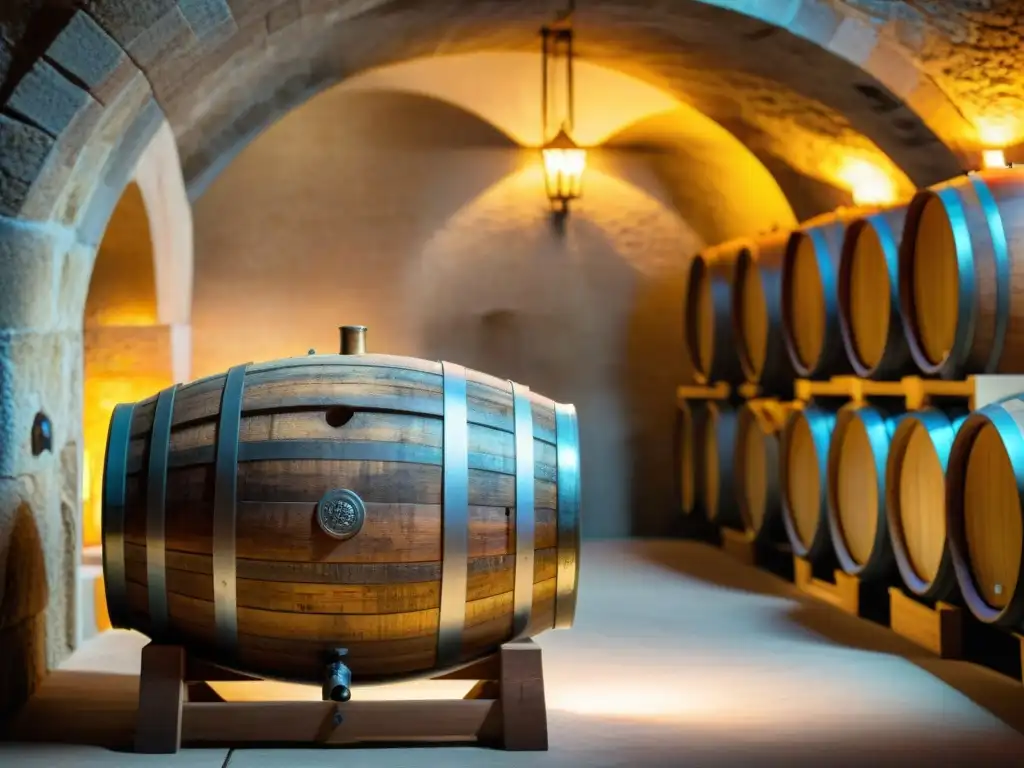 Barrica de roble con motivos de vid en bodega francesa centenaria, criando vinos blancos