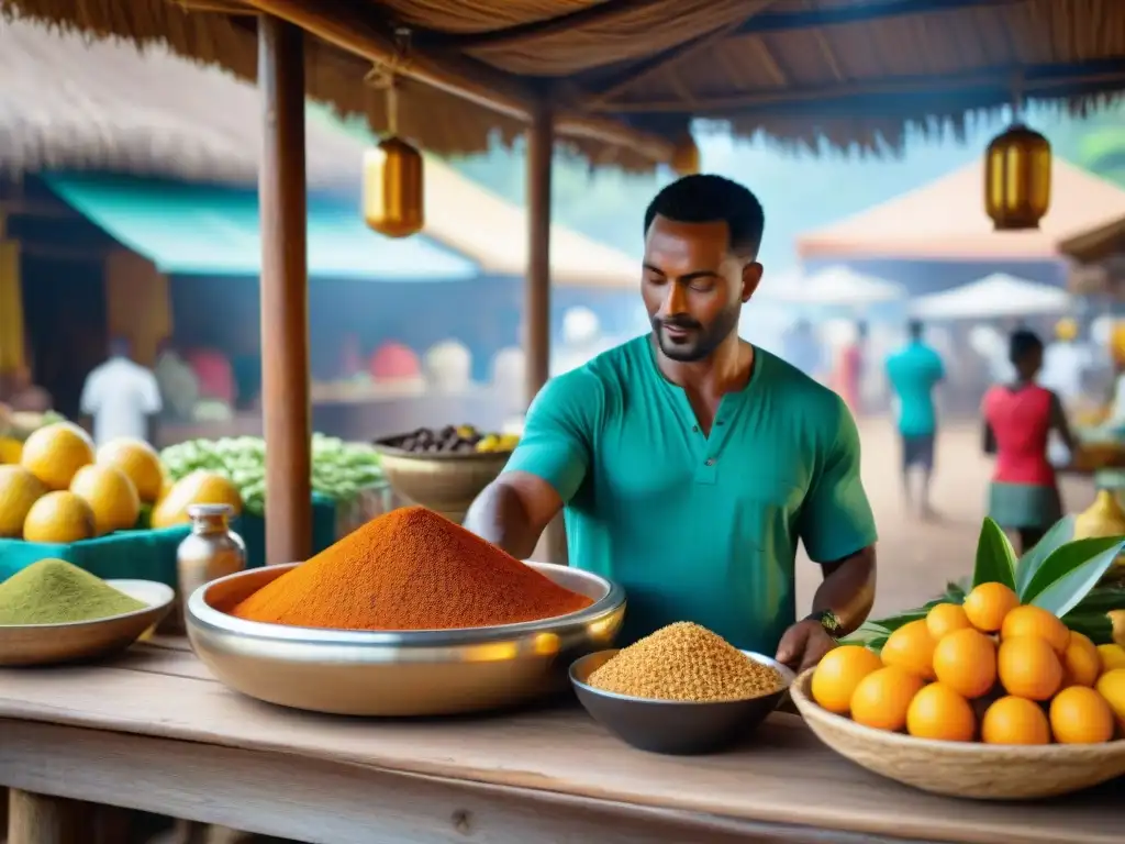 Preparación de bebida tradicional en mercado de Mayotte con frutas y especias