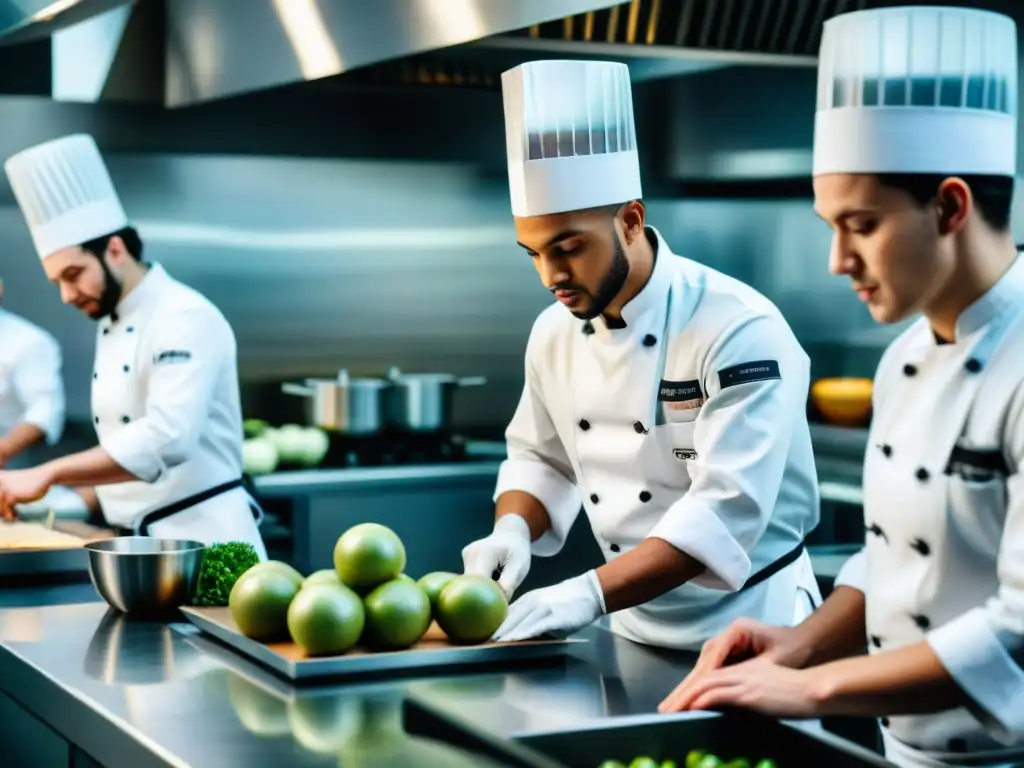 Becas para estudiar cocina en Francia: Estudiantes culinarios inmersos en una clase intensa en una prestigiosa escuela francesa