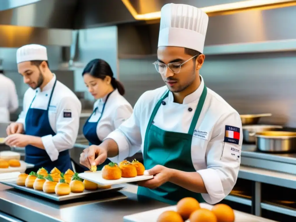 Becas para estudiar cocina en Francia: Estudiantes preparando platos franceses en cocina vibrante y detallada