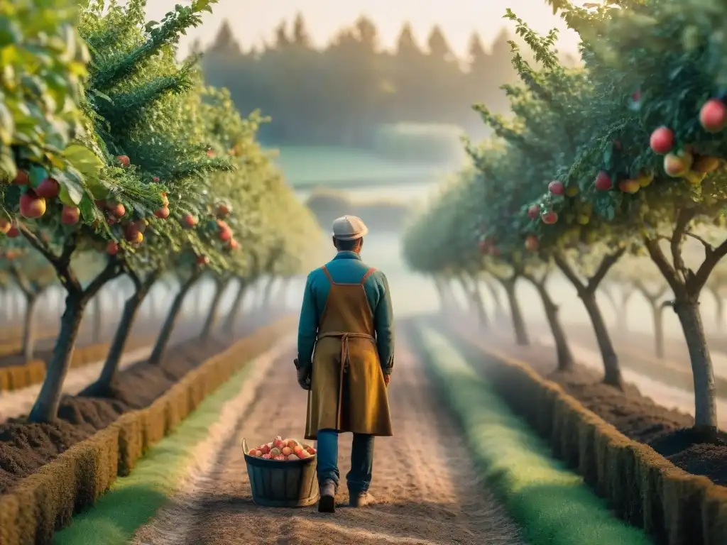 Bella imagen de un huerto de sidras francés en Normandía al atardecer, con un recolector de manzanas y prensa de sidra rústica