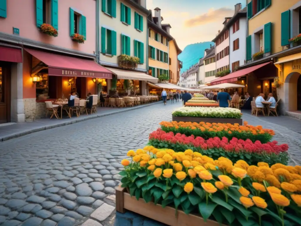 Explora la belleza de una calle empedrada en Annecy, Francia, llena de encantadores cafés y bistrós al atardecer