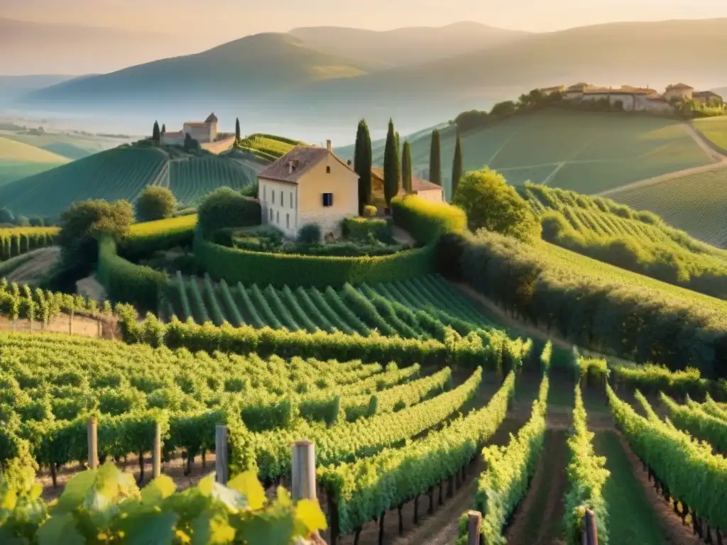 Explora la belleza de un viñedo francés al atardecer, con filas de uvas verdes y un castillo en las colinas