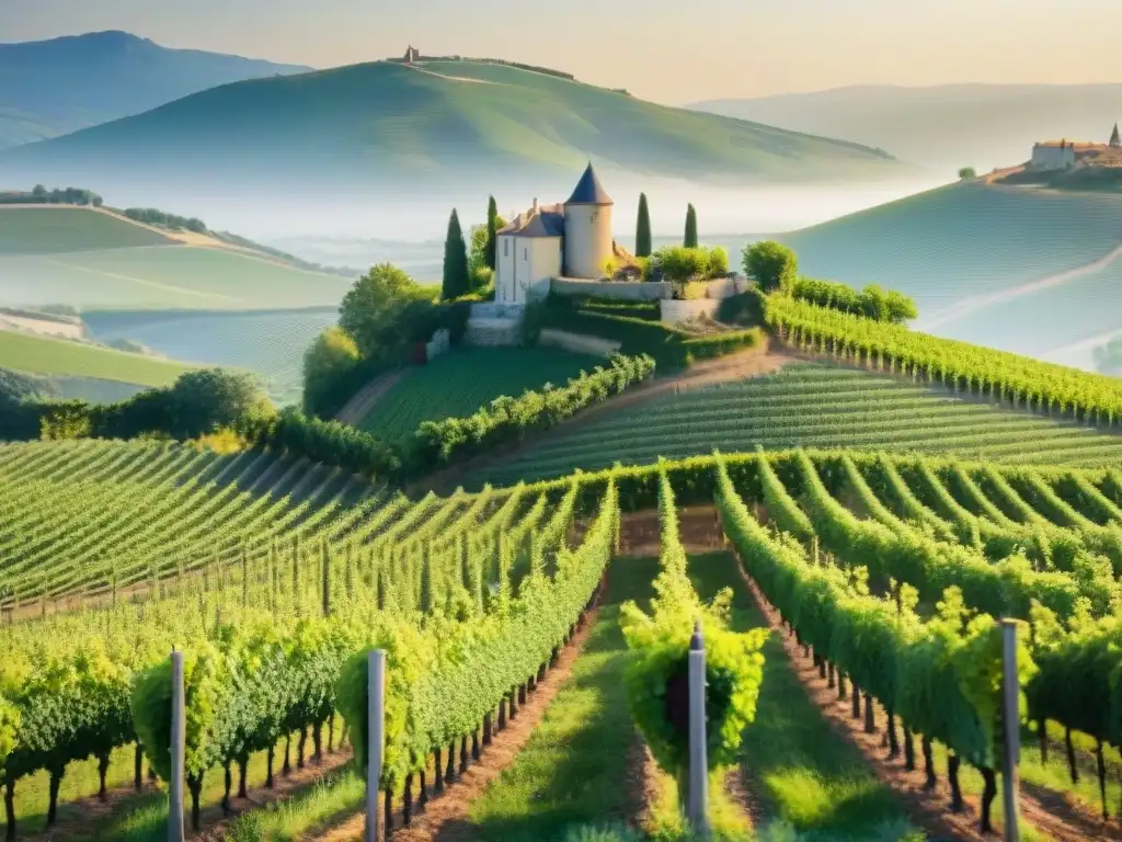 Belleza de un viñedo en la campiña francesa con uvas maduras resplandecientes al sol, beneficios vinos blancos franceses