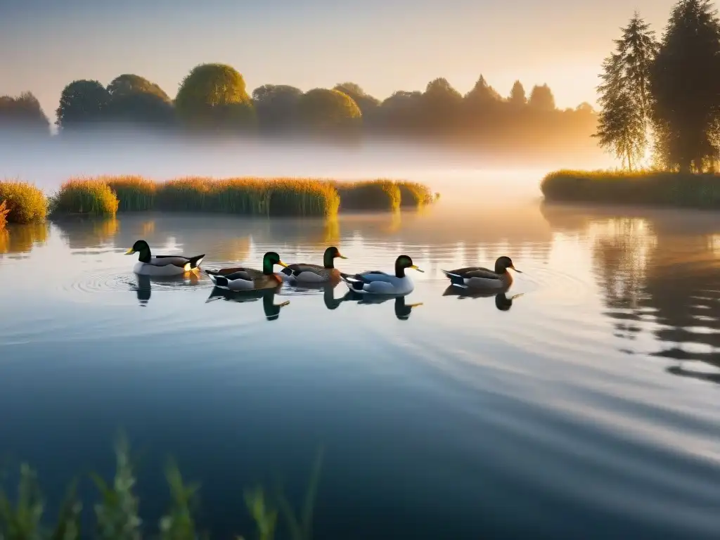 Bello amanecer en el estanque con patos nadando pacíficamente en el agua dorada