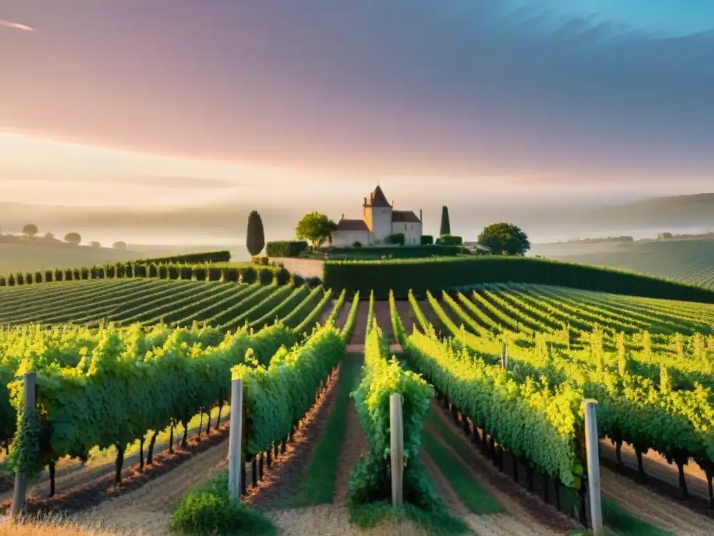 Beneficios del vino francés para salud: Viñedo sereno al amanecer con uvas y château de piedra