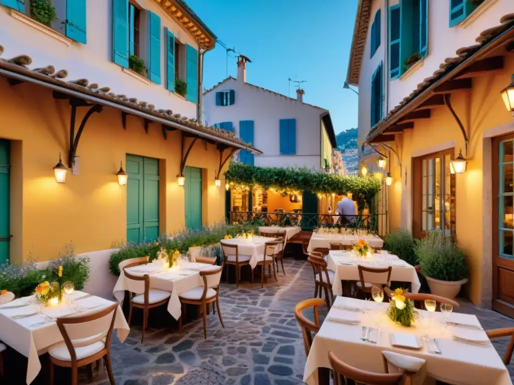 Un bistró escondido en Niza, Francia, con terraza acogedora y comensales locales disfrutando de la cocina francesa bajo luces de hadas