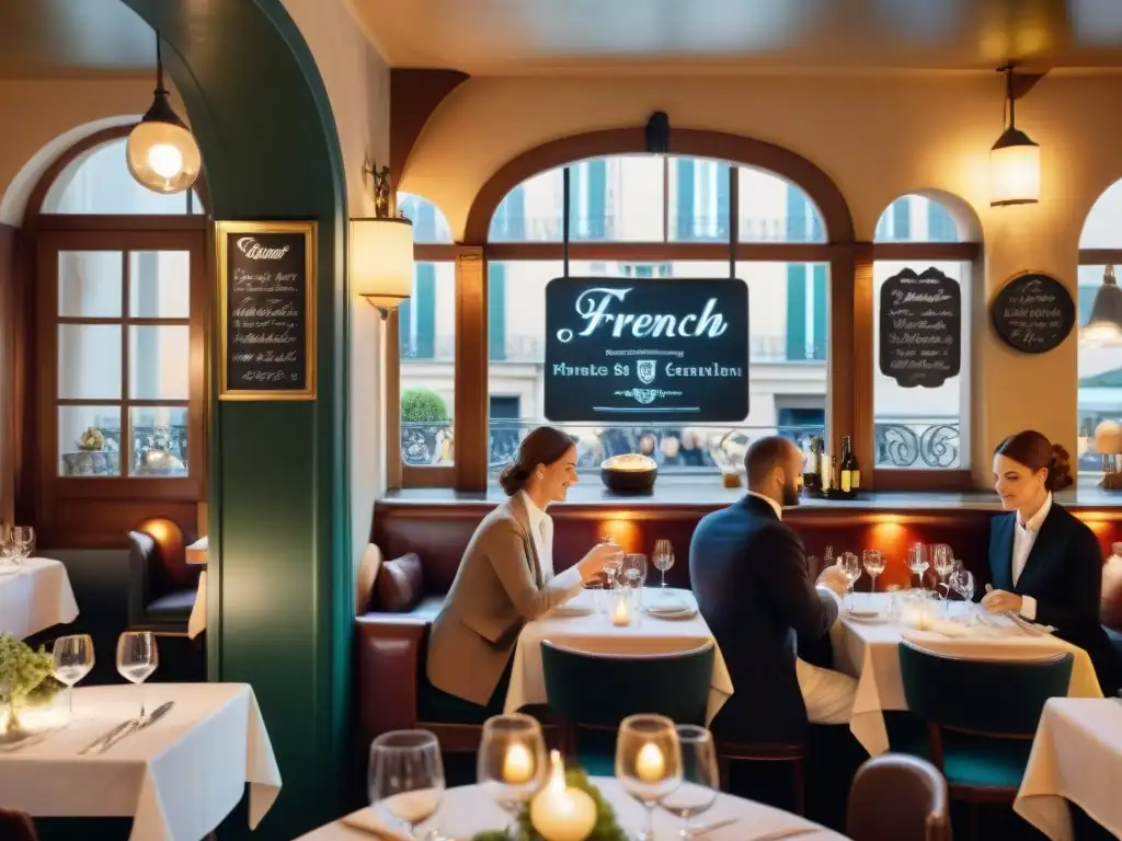 Un bistró francés animado con mesas elegantes, luz de velas y comensales disfrutando de cocina francesa clásica