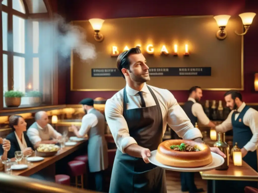 Un bistró francés animado con platos clásicos y una decoración vintage