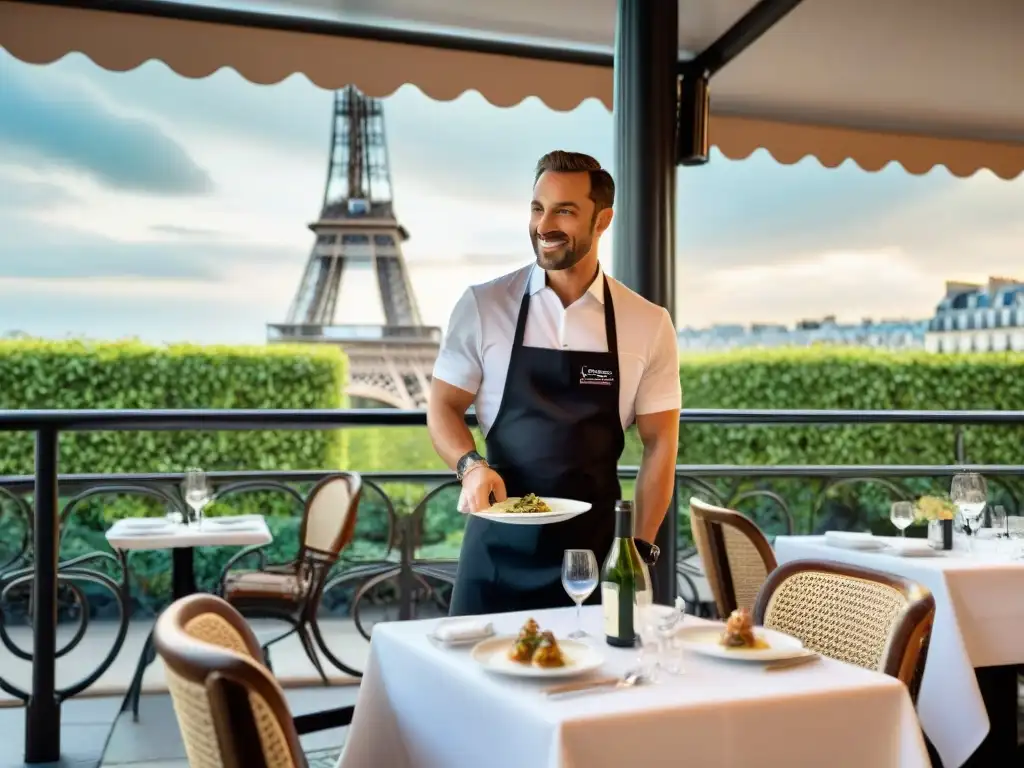 Un bistró francés elegante con mesas blancas, sillas clásicas y la Torre Eiffel de fondo