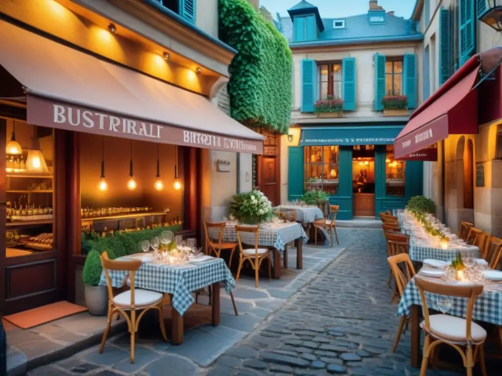 Un bistró francés con encanto en una calle empedrada, evocando la cultura culinaria francesa