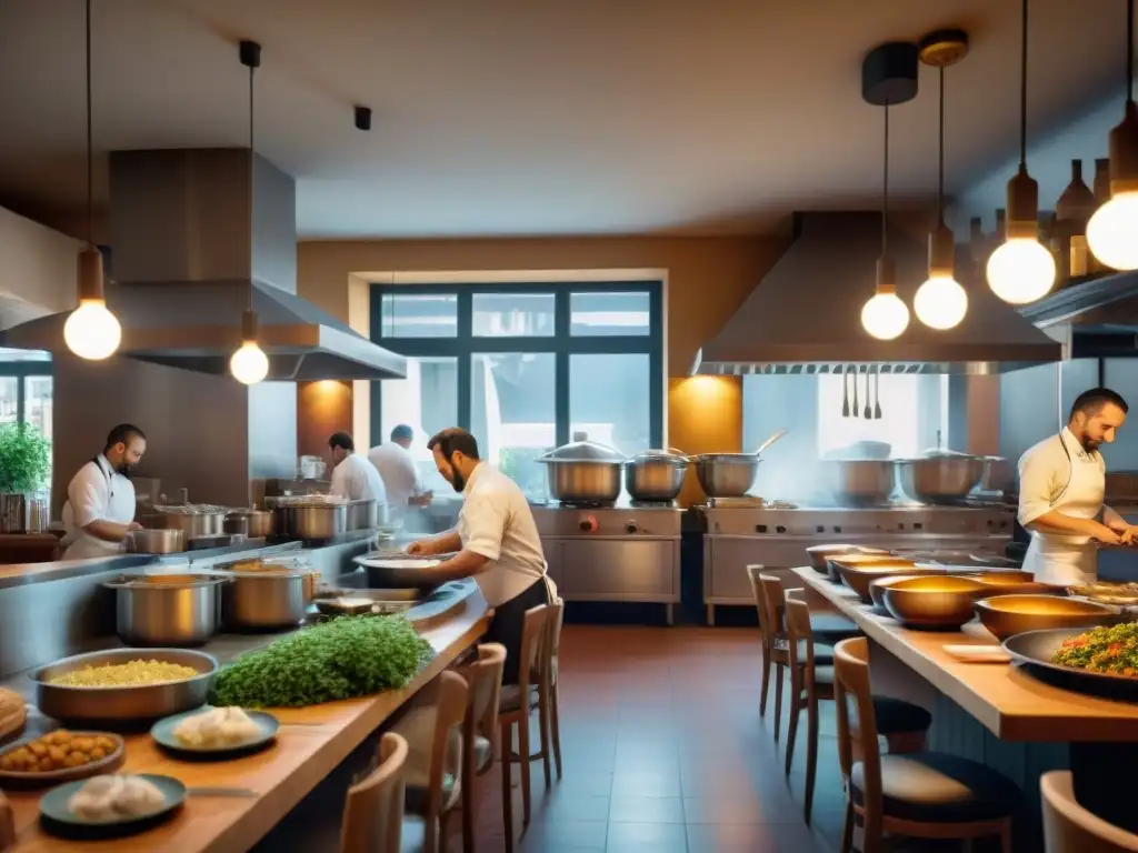 Un bistró en Grenoble con cocina tradicional francesa: chef cocinando, camareros sirviendo platos, clientes disfrutando