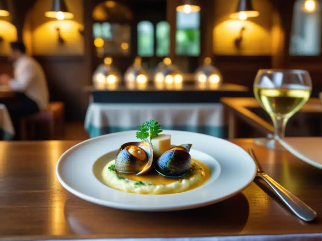 Un bistró íntimo en Limoges: mesas de madera, mantel de cuadros, escargots en mantequilla de ajo, chef en la cocina