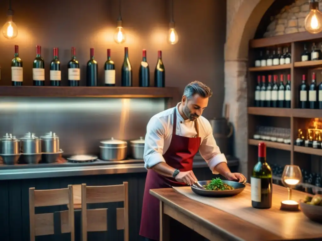 Un bistró oculto en Montpellier: mesa de madera rústica con cubiertos elegantes y vino tinto, chef preparando plato francés