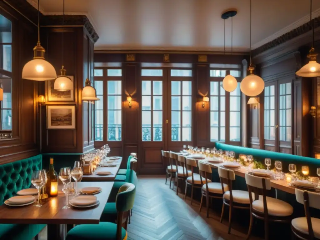 Bistró acogedor en París: gastronomía francesa y encanto parisino Bistró parisino con ambiente acogedor, mesas de madera, velas y platos de cocina francesa
