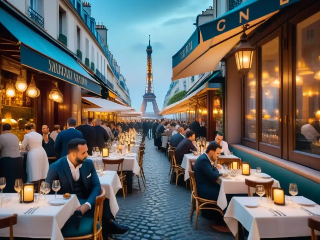 Un bistró parisino con mesas elegantes al aire libre, comensales disfrutando platillos gourmet y la icónica Torre Eiffel de fondo