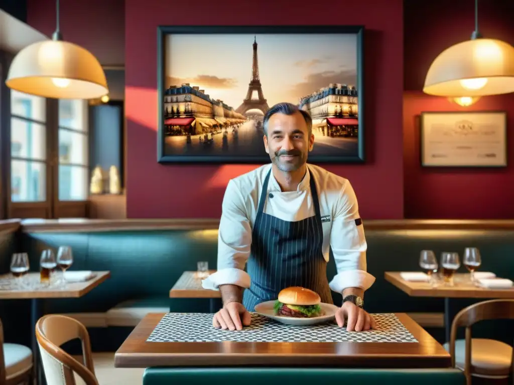 Un bistró parisino: mesas de madera, manteles a cuadros, luz cálida, carteles franceses, vino y un chef preparando platos