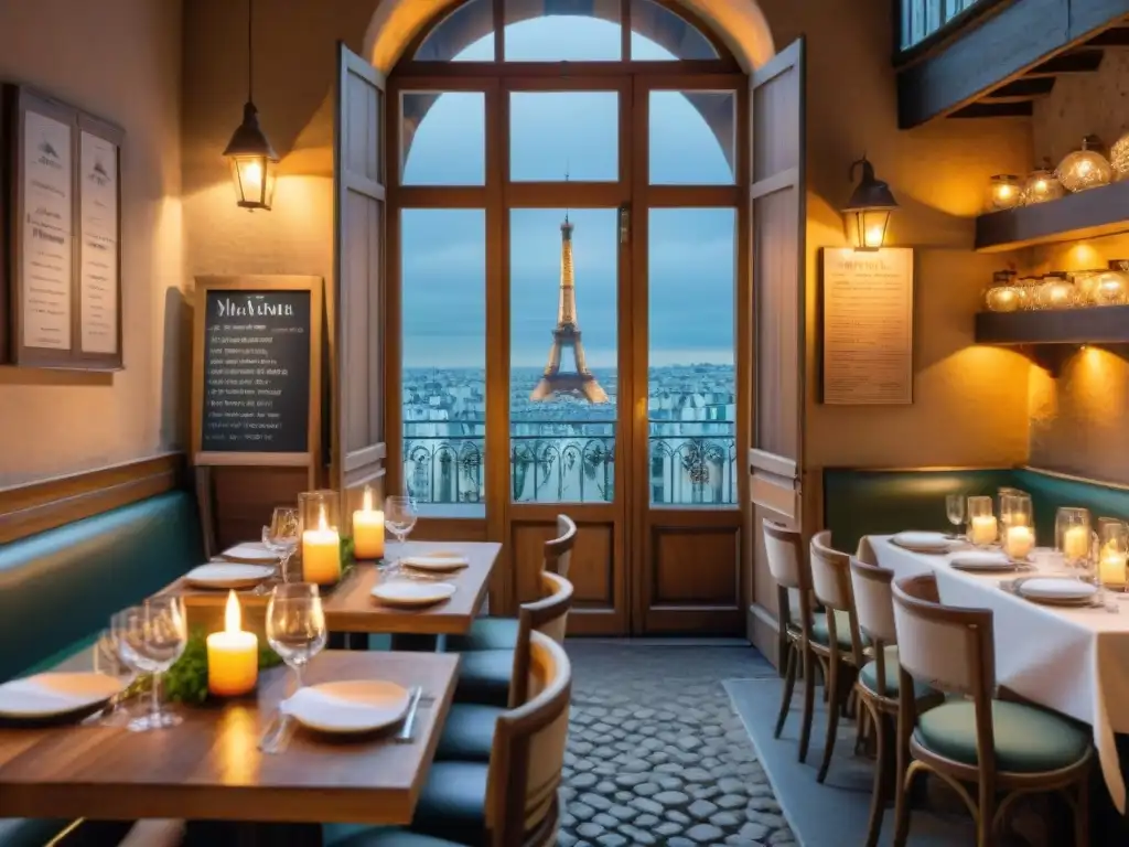 Bistró acogedor en París: el encanto de la cocina francesa Un bistró secreto en París: ambiente acogedor, chef preparando plato francés, mesas con velas