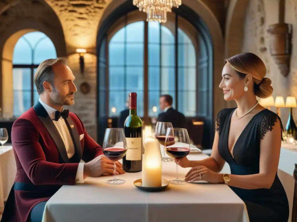 Un bistró secreto en Burdeos: ambiente íntimo, mesas elegantes iluminadas por velas, un sumiller sirviendo vino