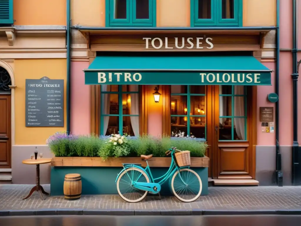 Un bistró tradicional en Toulouse: la fachada desgastada, mesas de hierro, flores coloridas y una bicicleta vintage