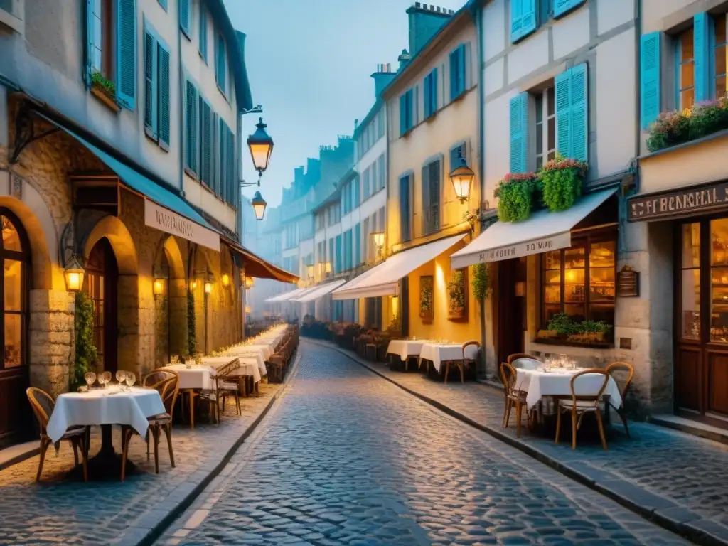 Descubre los bistrós secretos de Tours y su gastronomía francesa en una calle empedrada iluminada