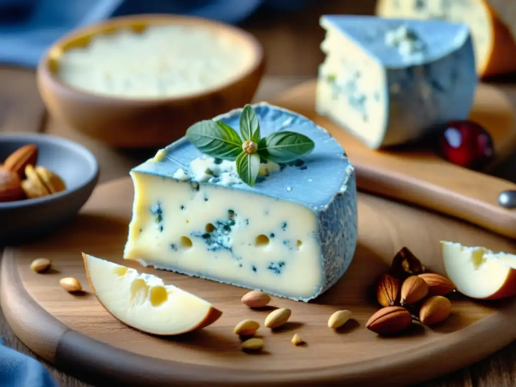 Un bocado de queso Roquefort con vetas azules, rodeado de frutas, nueces y pan artesanal