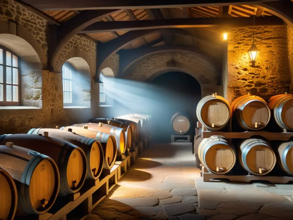 Una bodega antigua en el campo francés con barriles de Armagnac y Cognac envejeciendo, iluminados por la luz solar