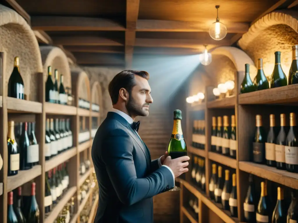 Una bodega de champán histórica en Francia, con botellas antiguas en estantes de madera y sommelier experto